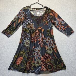 Black Asymmetrical Graphic Tunic Dress with 3/4 Sleeves